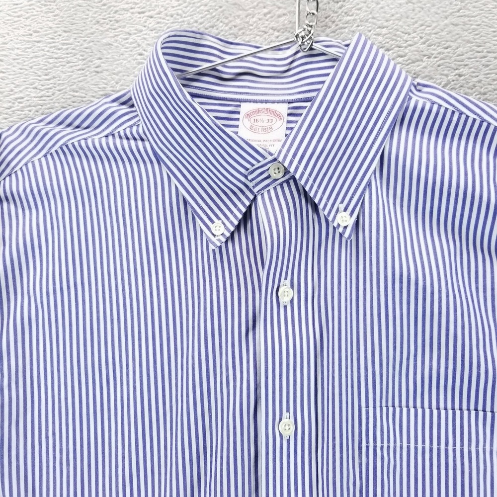 Brooks Brothers Shirt Mens 16.5 32/33 Blue Striped Original Polo Non Iron Cotton